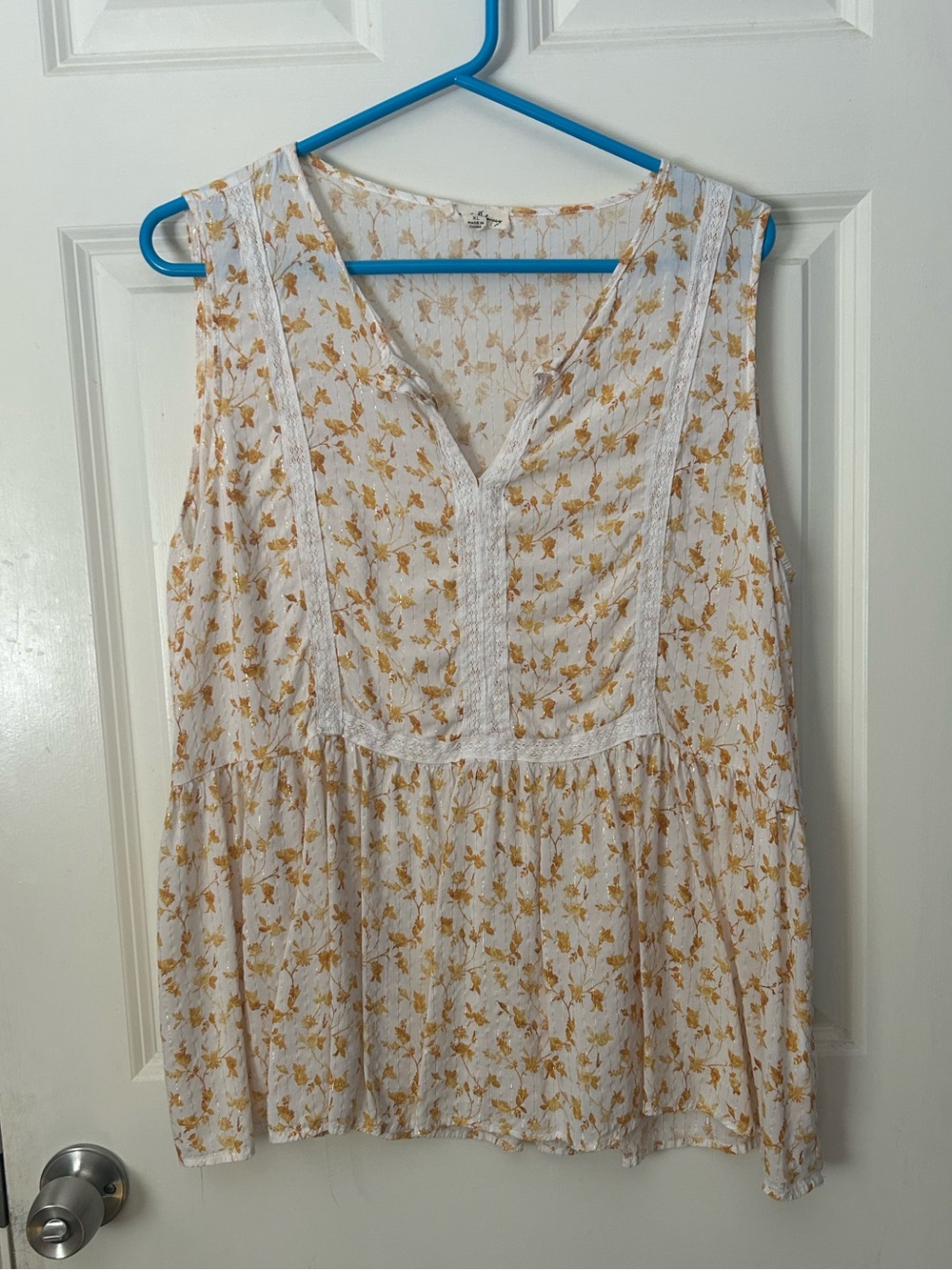 Jane and Delancey White Sleeveless Floral Peasant Tunic with Mustard Print